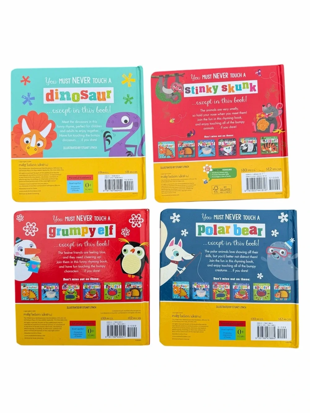 Never Touch a Board Book Lot of 4 Dinosaur Skunk Elf Polar Bear Touch & Feel